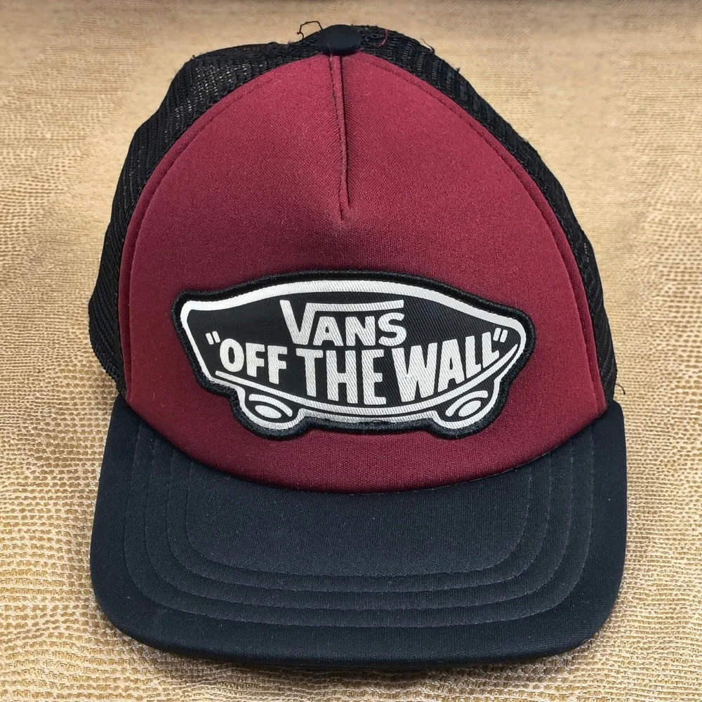 Vans Off The Wall Trucker Hat Mens Burgundy Black Mesh Snapback Skater Cap‎